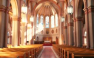 Serene interior of a historic church with wooden pews and stained glass windows during daylight photo