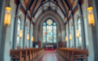 Majestic interior of a historic church highlighting stained glass windows and wooden pews during daylight photo