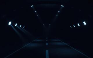 Mysterious dark tunnel illuminated by beams of light with a lonely road ahead photo