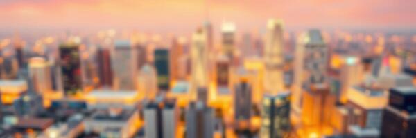 Vibrant city skyline at sunset showcasing illuminated buildings and bustling urban life photo