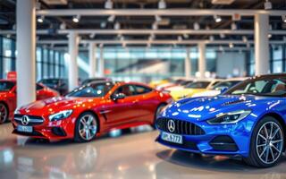 Brightly colored luxury sports cars showcased in a modern showroom with sleek lighting and an attractive display arrangement photo