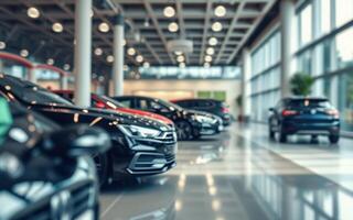 Modern car dealership showcasing a lineup of shiny vehicles in a spacious, well-lit showroom photo