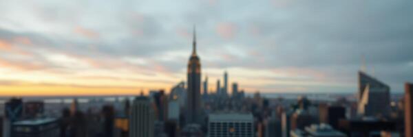 Sunset skyline view over a bustling city featuring iconic buildings and warm hues in the sky photo