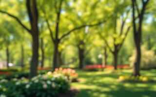 Lush garden with vibrant flowers and tall trees creating a serene atmosphere in springtime photo