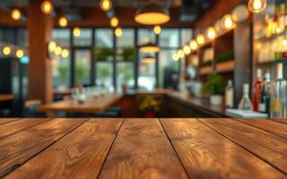 Wooden table in a cozy restaurant with warm lighting and an inviting atmosphere during evening hours photo