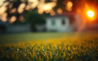 Golden sunlight shines on grass in a serene backyard at sunset near a cozy house photo