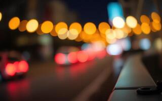 Nighttime city street with blurred lights and moving cars creating a vibrant urban atmosphere photo