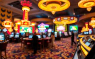 Vibrant casino interior with illuminated slot machines and lively atmosphere during evening hours photo