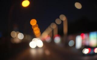 Nighttime urban street filled with blurred lights and car motion in a bustling city environment photo