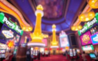 Brightly lit casino interior with slot machines and large decorative elements at night in Las Vegas photo