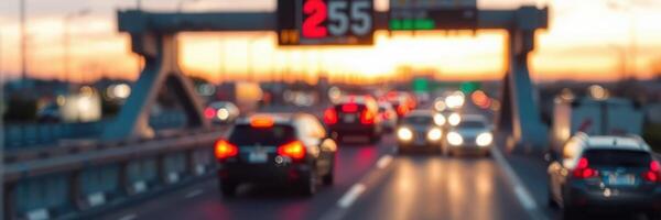 Traffic at sunset with digital speed display alongside busy highway in urban area photo