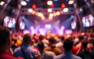 Crowd gathers in excitement during a vibrant event at a modern venue featuring colorful lights and large screens photo