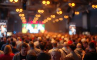 Crowd gathers at lively event in a bustling venue featuring bright lights and a vibrant atmosphere photo
