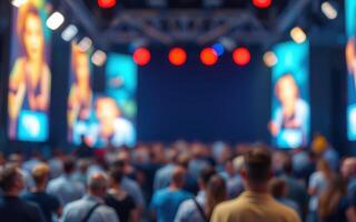 Crowd of attendees gathered at an event with vibrant screens displaying speakers in a modern venue photo