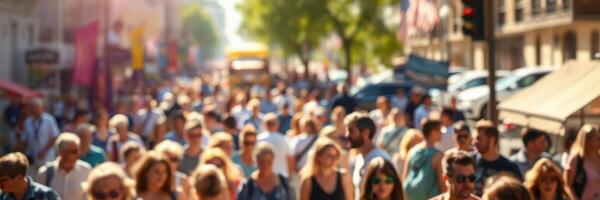 Crowd of people walking through a busy city street during daylight with trees lining the road photo