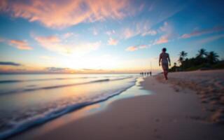 Sunset stroll along the beach with gentle waves and colorful sky in tropical paradise photo