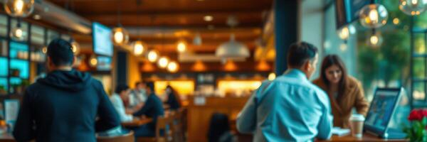 People enjoy work and conversation in a cozy urban cafe filled with warm lighting and modern decor photo