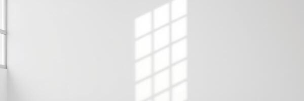Bright sunlight streaming through a window casts a patterned shadow on a minimalist wall space photo