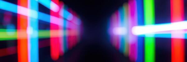 Vibrant neon lights create a tunnel effect with colorful beams of illumination in a dark space photo