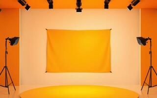 Bright studio setup with orange backdrop and professional lighting for creative projects photo