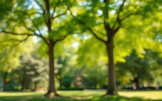 Lush park filled with vibrant green trees on a sunny day in spring photo