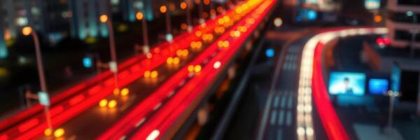 Nighttime city traffic illuminated by vibrant lights along a busy road in an urban setting photo