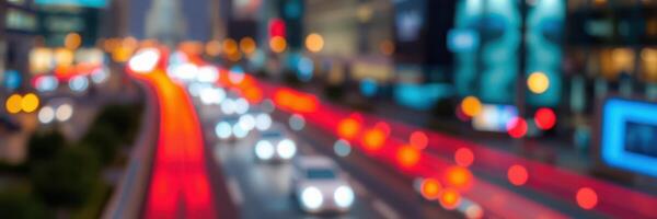 City traffic flows through a busy urban street at night with illuminated buildings in the background photo