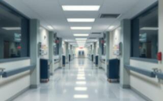 Long, empty hospital corridor with bright fluorescent lights illuminating the sterile environment during daytime hours photo