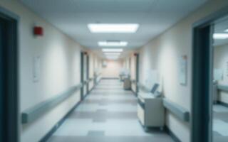 Long hospital corridor with clinical lighting and empty examination rooms during daytime photo
