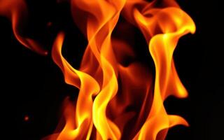 Vibrant orange flames dancing in darkness illuminate a warm glow photo