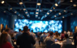 Professionals engage in networking during a technology conference at a modern venue in the evening photo