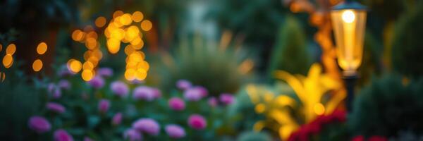 Vibrant garden illuminated by warm lights during a serene evening in a relaxing outdoor space photo