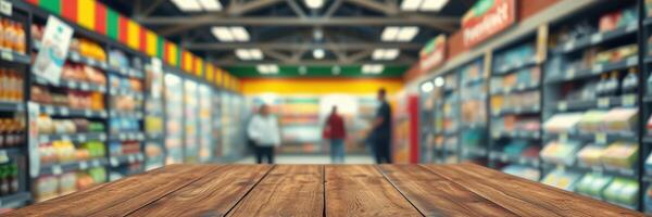 Grocery store interior with wooden table foreground and blurred shoppers in the background during daytime photo