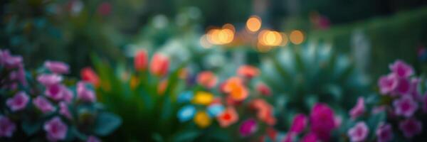 Vibrant garden blooms create a colorful backdrop at dusk with glowing lights photo