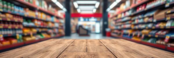 Wooden table surface in a grocery store aisle with shelves full of products in the background photo
