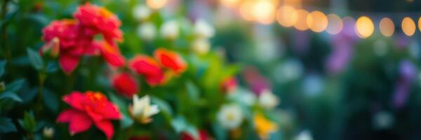 Colorful garden blooms illuminated by soft evening lights during a summer gathering in a tranquil outdoor setting photo
