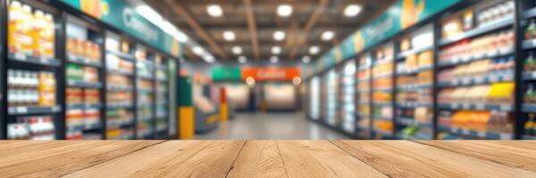 Brightly lit grocery store aisle with shelves stocked full of products and wooden table in the foreground photo