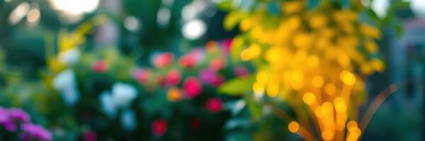 Colorful garden blooms illuminated during golden hour in vibrant outdoor setting photo