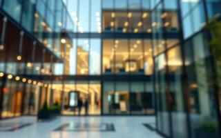Modern architectural design of a glass building with busy atmosphere during late afternoon hours photo