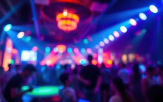 Vibrant nightlife atmosphere in a bustling club with colorful lights and energetic crowd on a weekend evening photo