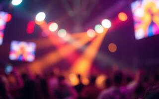 Concert atmosphere filled with vibrant lights and a lively crowd enjoying a night of music and entertainment photo