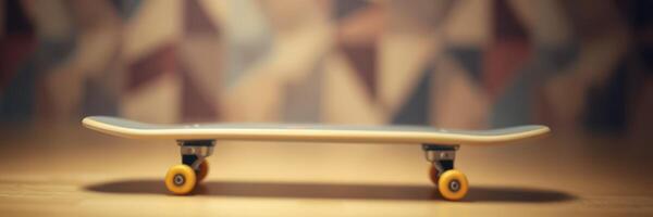 Skateboard on a wooden surface with a blurred background showcasing a creative design photo