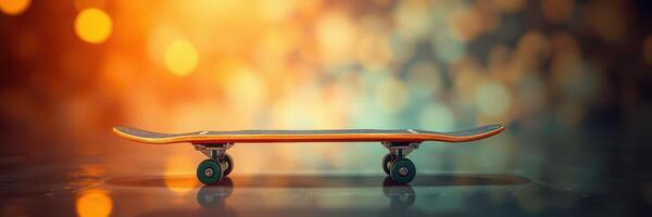Skateboard resting on surface with warm bokeh background showcasing urban sports culture photo