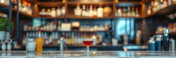 Classic cocktail served on a bar counter in a stylish urban lounge with a well-stocked background photo