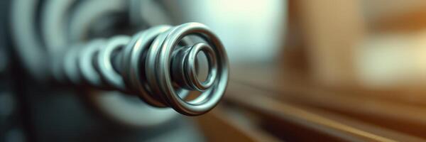 Close-up of metallic spring coil showcasing detail and texture in a workshop environment during daylight hours photo