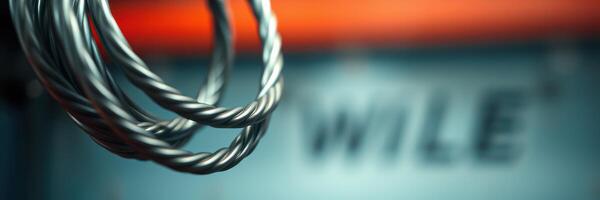 Close-up view of metal wires with blurred background revealing industrial workshop setting photo