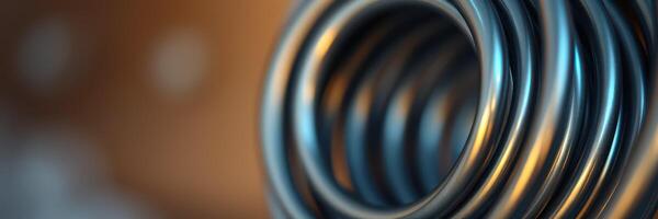 Close-up view of metallic coil showcasing intricate surface and reflections in a workshop setting photo