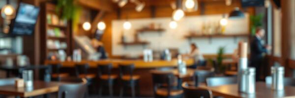 Cozy restaurant interior with warm lighting and wooden accents during a busy afternoon photo
