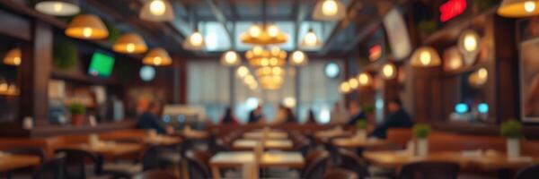 Cozy restaurant interior during evening hours with warm lighting and inviting atmosphere photo