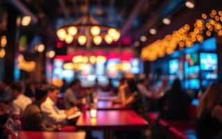 Dining experience in a bustling restaurant with bright lights and a lively atmosphere during an evening outing photo